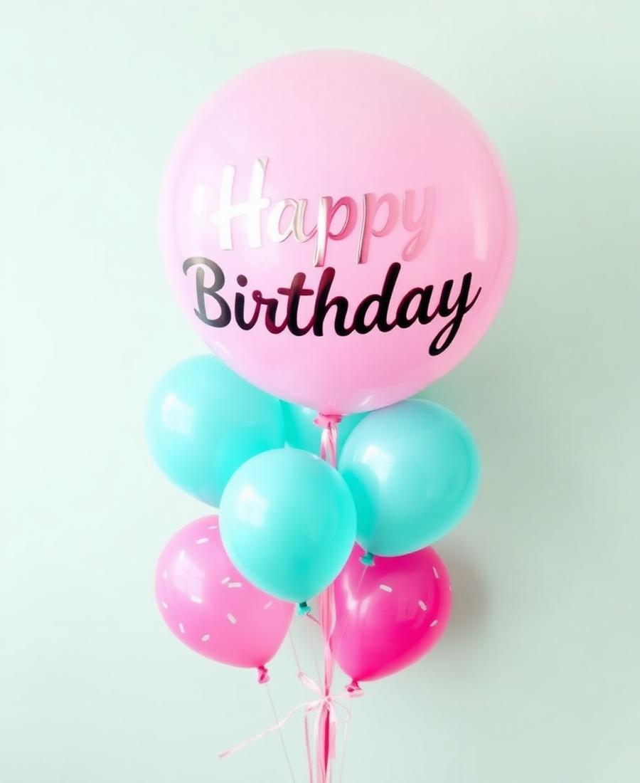 Pink and teal happy birthday helium balloon bouquet