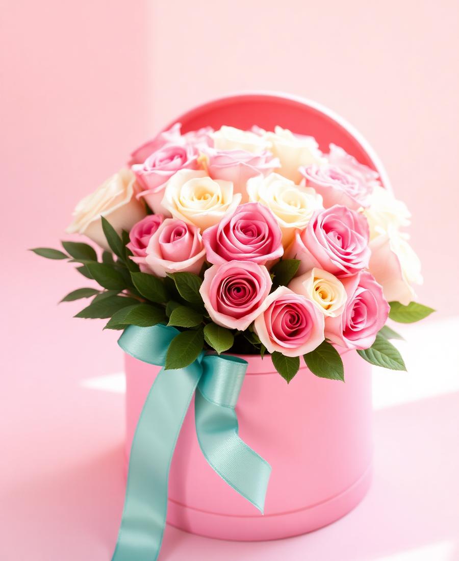 Pink and cream rose bouquet in a pink hatbox with a teal ribbon
